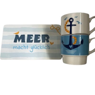 &quot;Meer macht glücklich&quot; - Set aus zwei Brettchen und Tassen